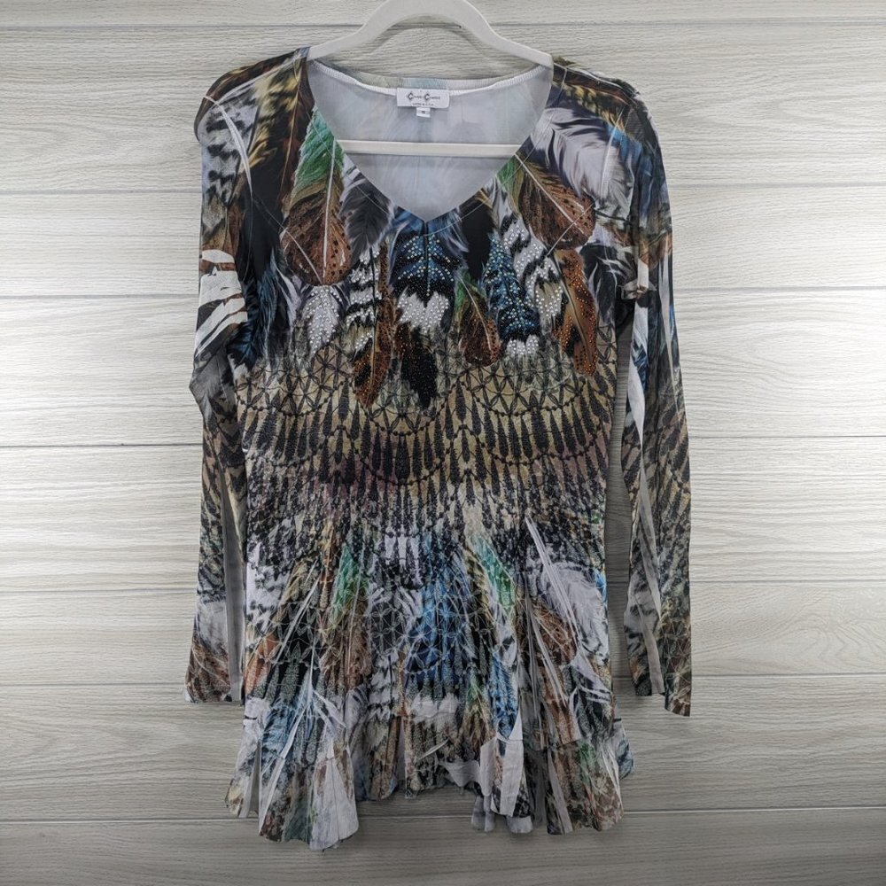 Sheer Sleeve Bling Feather Print Long Sleeve Top